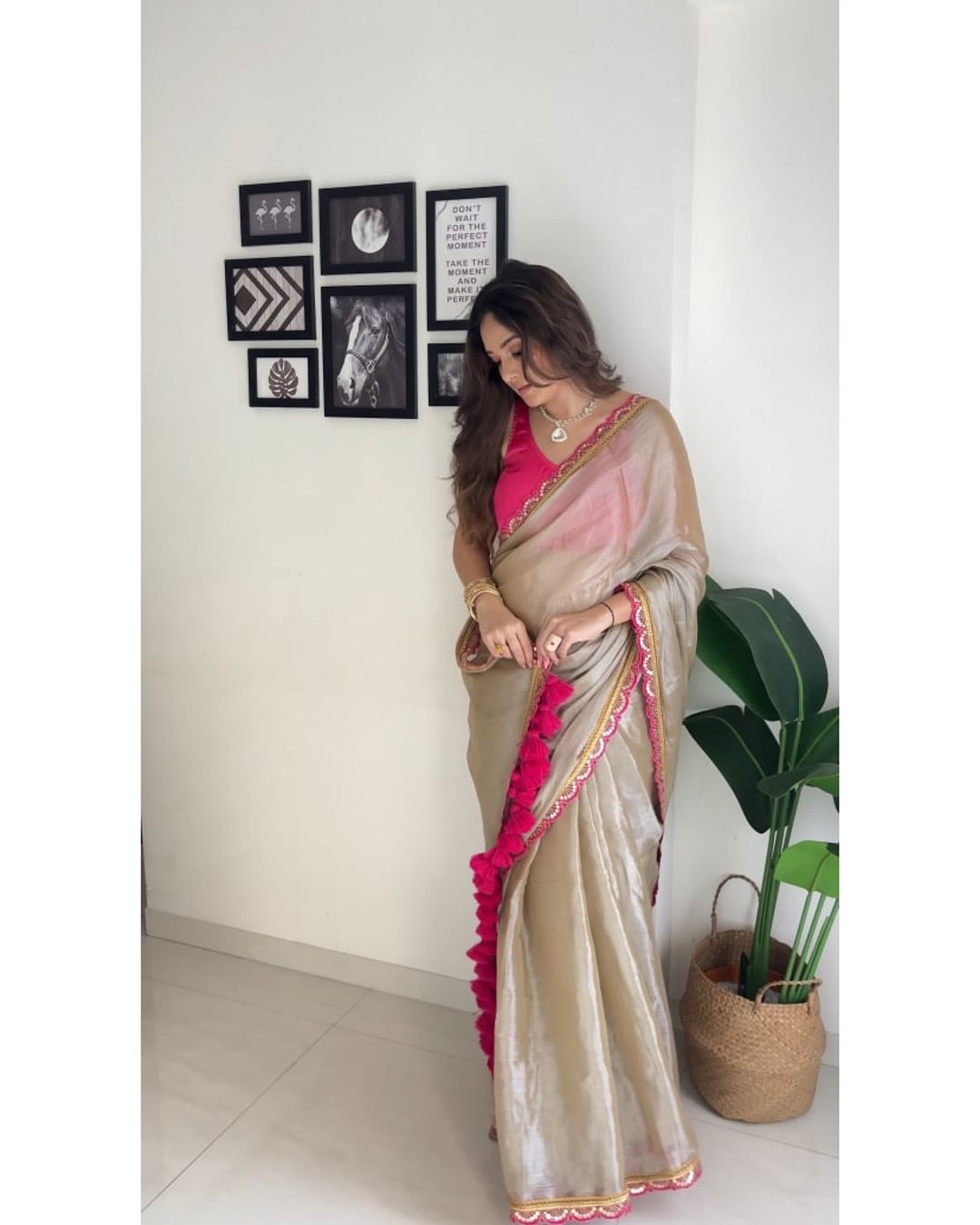 Acclaim the Elegance of Golden Brown Uppada Tissue Silk Saree with Designer Charm