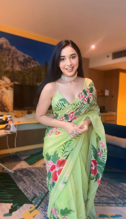 Radiant Pista Green Ready-to-Wear Organza Saree for Effortless Glamour in Just One Minute