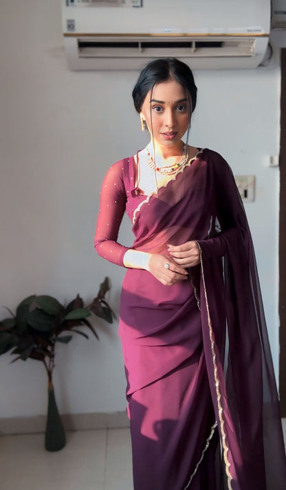 Lustrous Wine Color Georgette Saree: Elegant and Easy-to-Wear for Modern Women