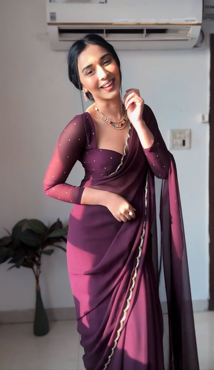 Lustrous Wine Color Georgette Saree: Elegant and Easy-to-Wear for Modern Women