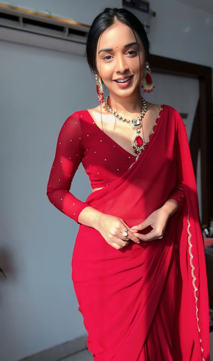 Lustrous Red Color Georgette Saree: Elegant and Easy-to-Wear for Modern Women