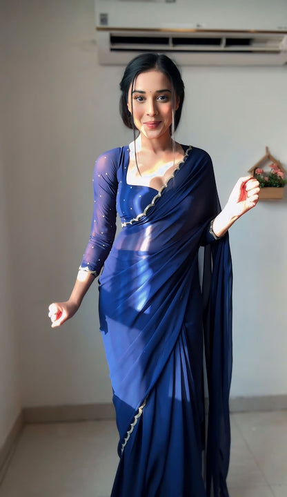 Lustrous Blue Color Georgette Saree: Elegant and Easy-to-Wear for Modern Women