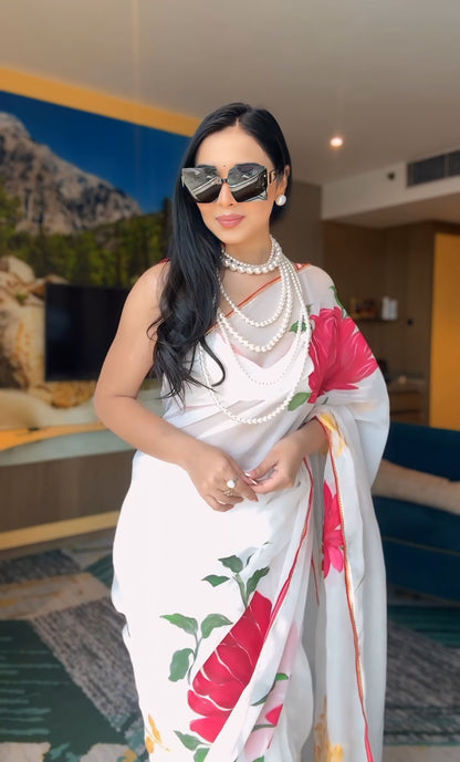 Stunning White Color Georgette Saree: Draped in One Minute, Perfect All Day