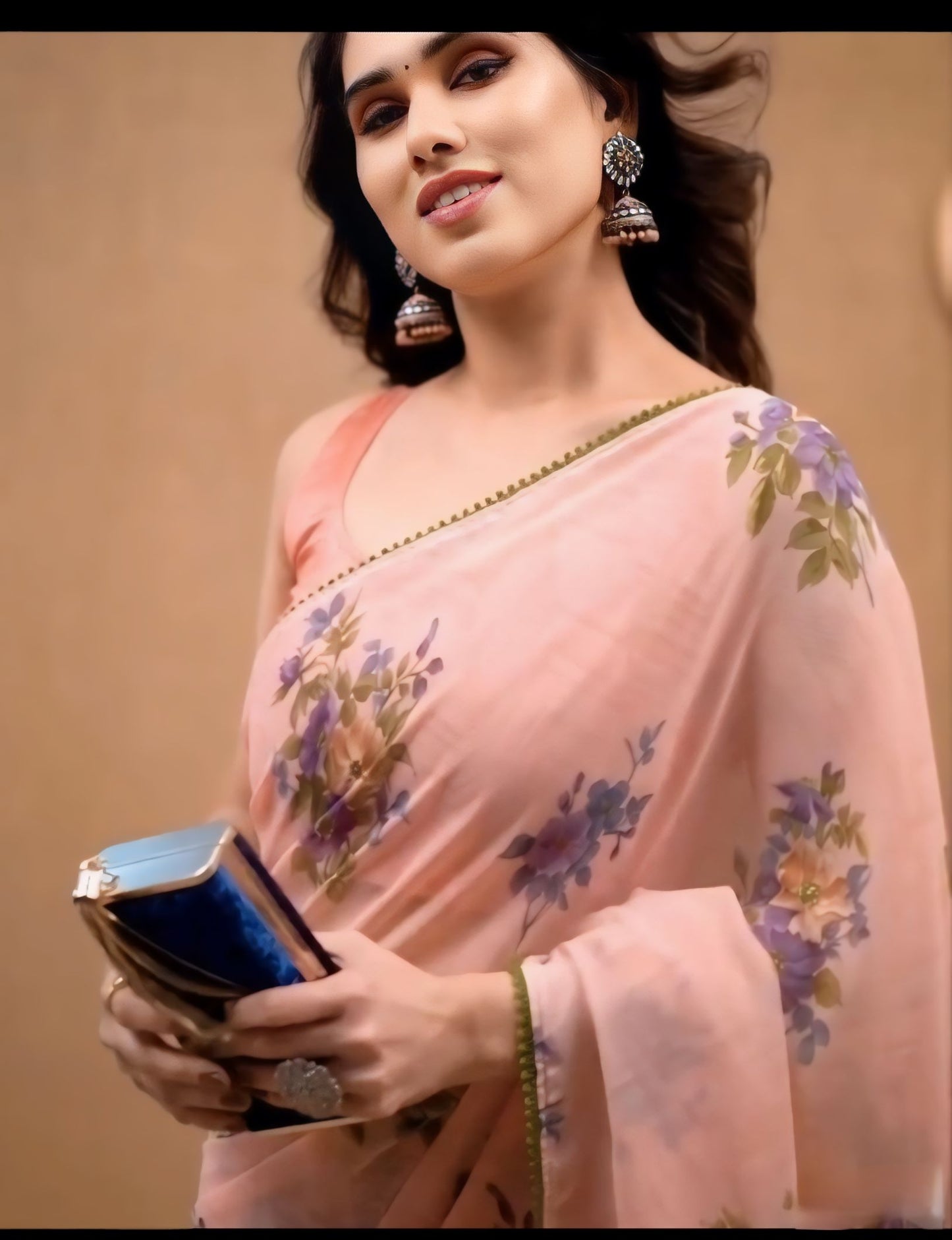 Vibrant Georgette Saree: Peach Color Design for Easy One-Minute Draping