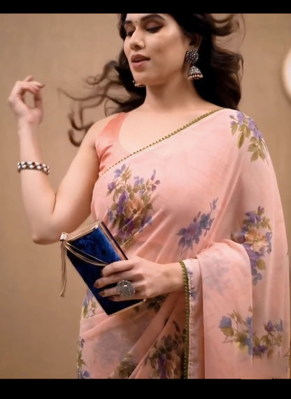 Vibrant Georgette Saree: Peach Color Design for Easy One-Minute Draping