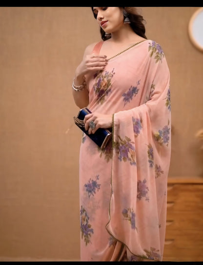 Vibrant Georgette Saree: Peach Color Design for Easy One-Minute Draping