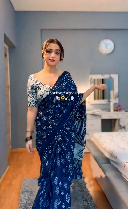 Amazing One-Minute Wear Printed Cotton Saree for Effortless Style and Comfort