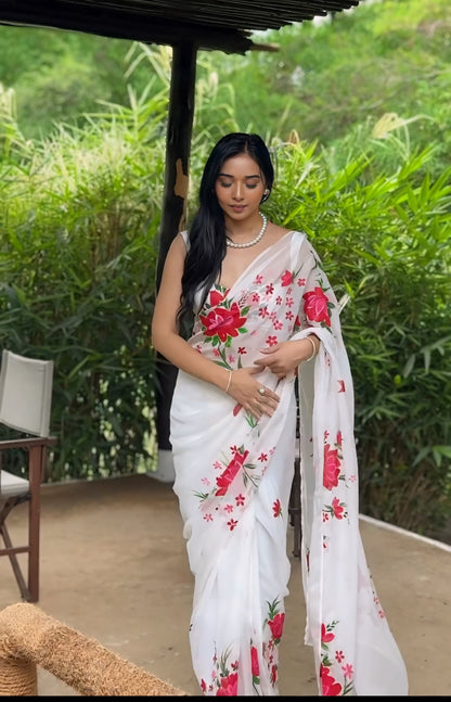 Vibrant White-Color One Minute Wear Organza Saree: Effortless Elegance for Every Occasion