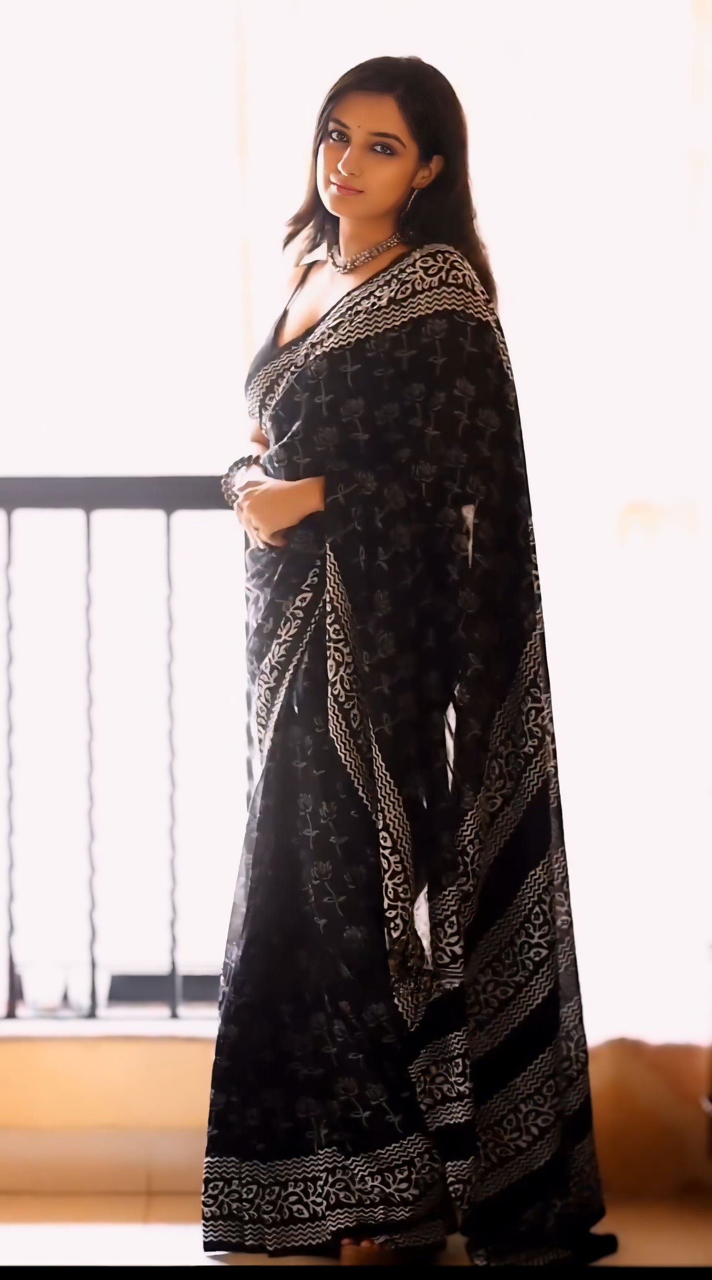 Beautifully Printed One-Minute Wear Black Color Cotton Saree for a Trendy, No-Hassle Look