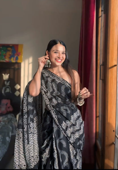 Vibrant Black-Color Cotton Saree for Instant Grace and Style in One Minute