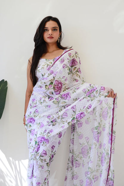 Quick-Drape White  Color With Flower Print Georgette Saree: Style and Simplicity in One Minute