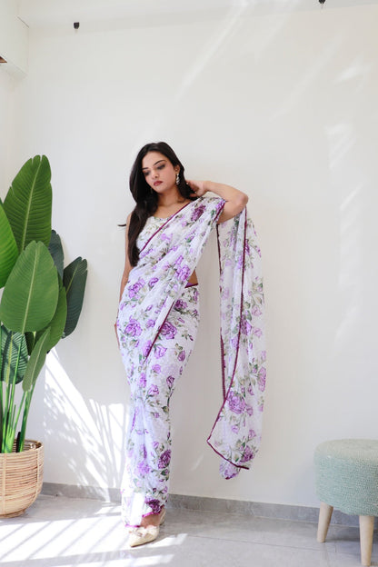 Quick-Drape White  Color With Flower Print Georgette Saree: Style and Simplicity in One Minute