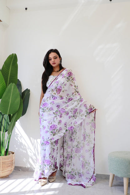 Quick-Drape White  Color With Flower Print Georgette Saree: Style and Simplicity in One Minute