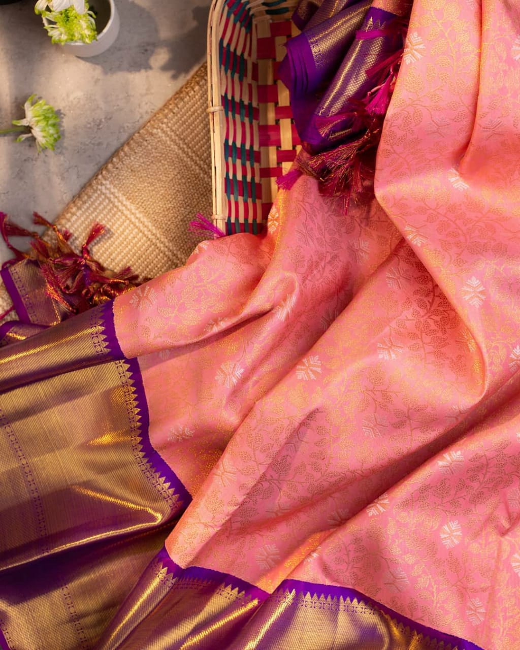 Sophisticated Pink Kanjivaram Saree with Purple Border and Designer Pallu Embellishments