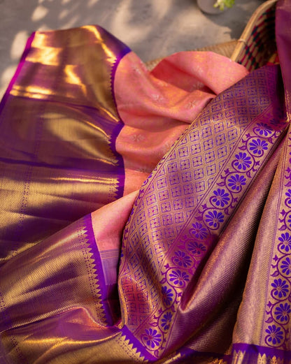 Sophisticated Pink Kanjivaram Saree with Purple Border and Designer Pallu Embellishments