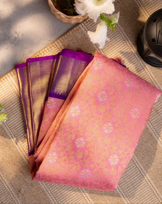 Sophisticated Pink Kanjivaram Saree with Purple Border and Designer Pallu Embellishments