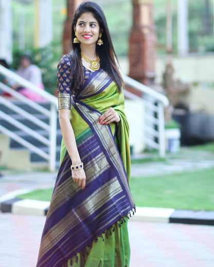 Parrot Green Kanjivaram Saree with Intricate All-Over Design and Matching Border