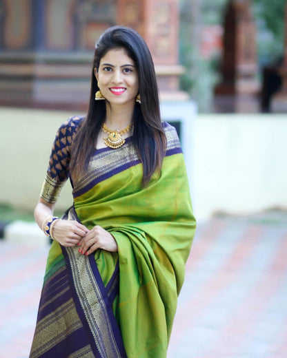 Parrot Green Kanjivaram Saree with Intricate All-Over Design and Matching Border