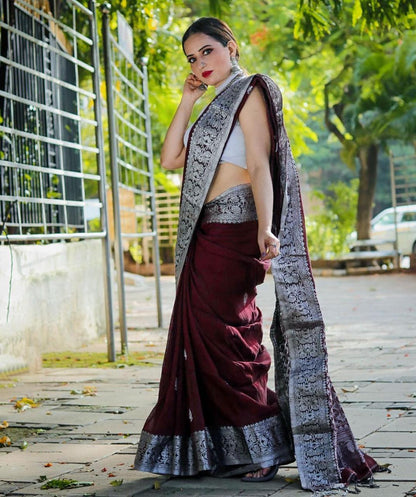 Stunning Maroon Color Kanjivaram Saree with Soft Silk Finish and Elegant Border