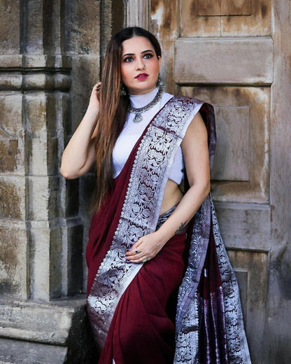 Stunning Maroon Color Kanjivaram Saree with Soft Silk Finish and Elegant Border