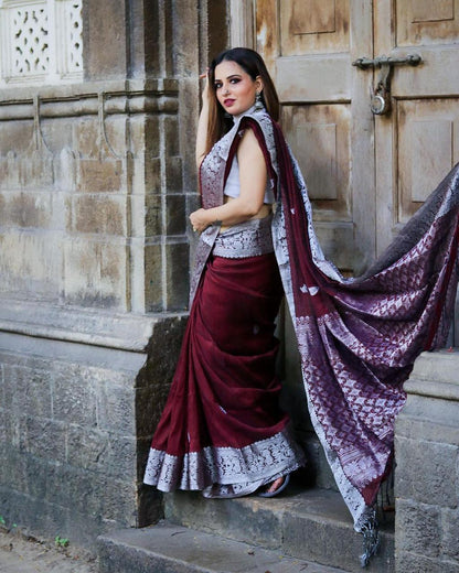 Stunning Maroon Color Kanjivaram Saree with Soft Silk Finish and Elegant Border