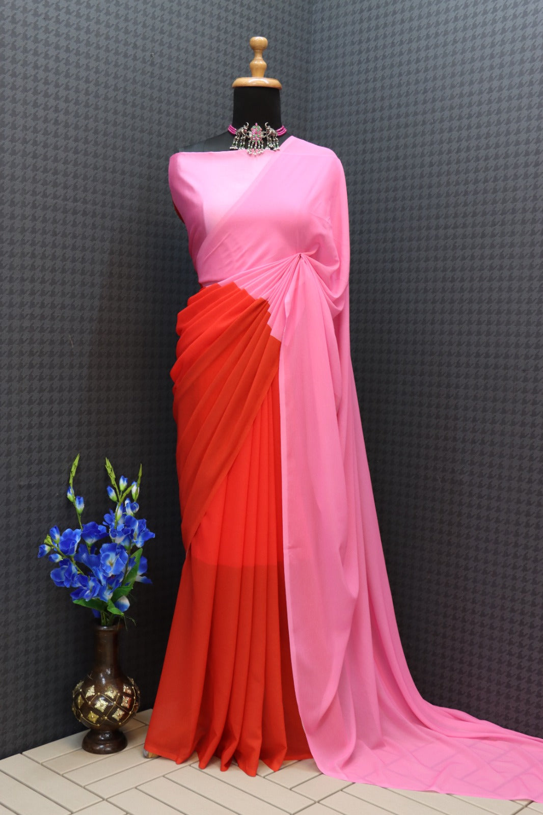 Elegant Red And Pink Color Ready-to-Wear Georgette Saree for Effortless Style and Grace