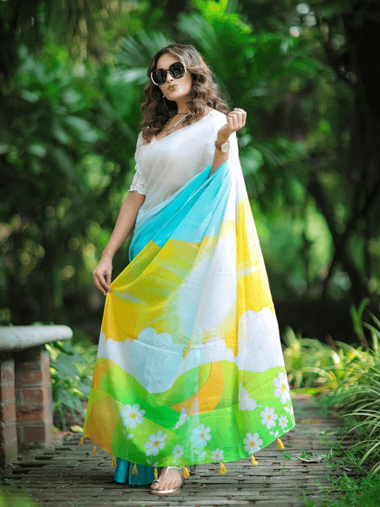 Premium White Printed Linen Fabric Saree – Perfect Blend of Comfort and Style