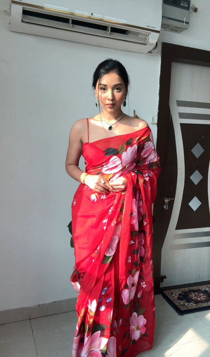 Quick Style Upgrade: Red-Color One-Minute Wear Organza Saree for Modern Women