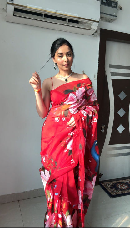 Quick Style Upgrade: Red-Color One-Minute Wear Organza Saree for Modern Women