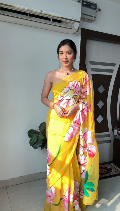 Elegant Yellow Organza Saree for One-Minute Wear: Perfect for Quick Style Transformations