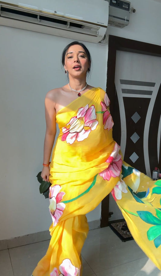 Elegant Yellow Organza Saree for One-Minute Wear: Perfect for Quick Style Transformations