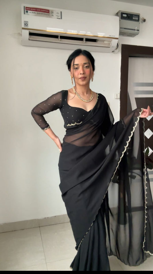 Lustrous Black Color Georgette Saree: Elegant and Easy-to-Wear for Modern Women