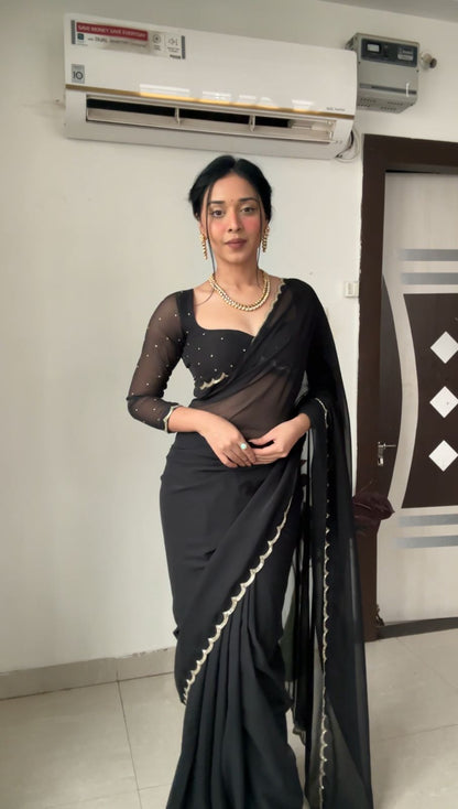 Lustrous Black Color Georgette Saree: Elegant and Easy-to-Wear for Modern Women