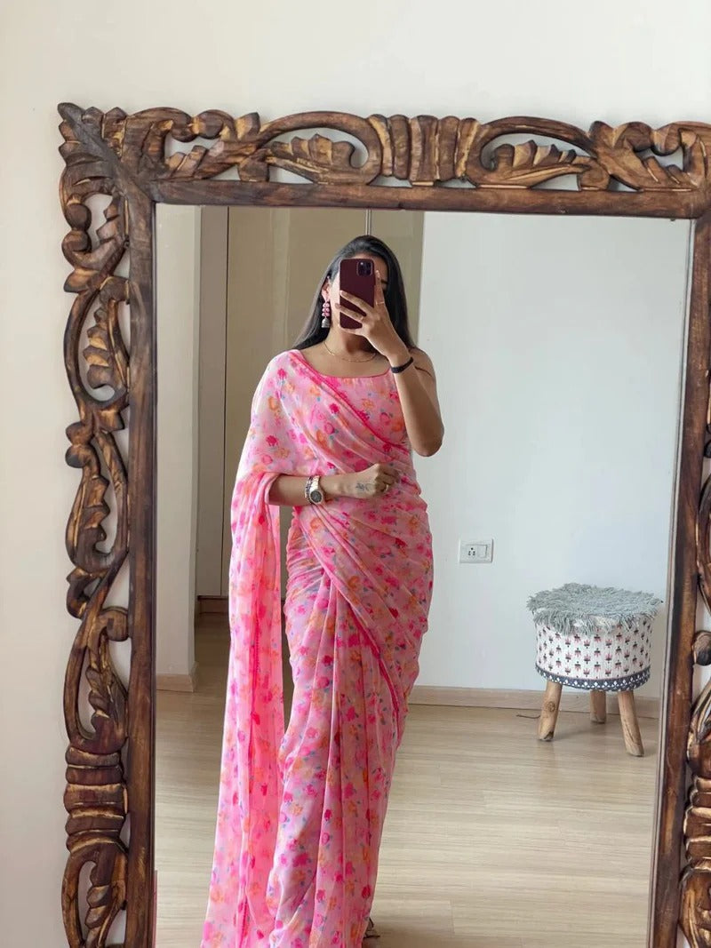 Trending  Pink Color Georgette Saree: Elegant, Easy-to-Wear Design in Just One Minute