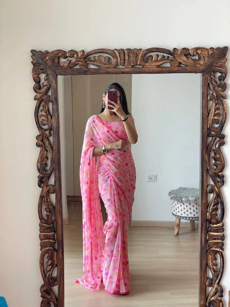 Trending  Pink Color Georgette Saree: Elegant, Easy-to-Wear Design in Just One Minute