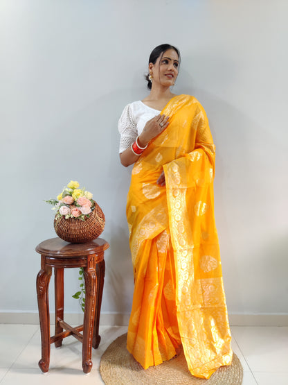 Radiate Beauty in a Stunning Ready-to-Wear Yellow Cotton Saree