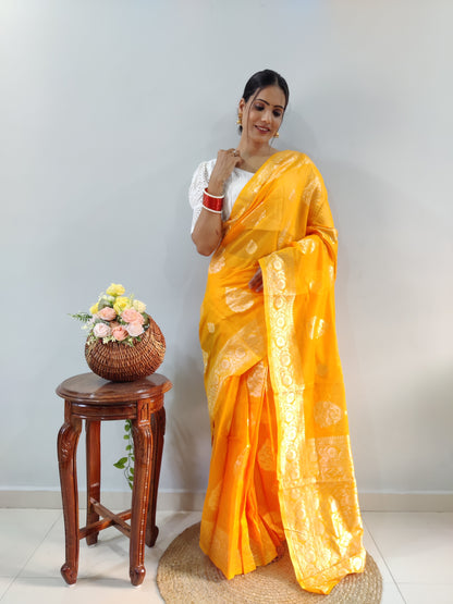 Radiate Beauty in a Stunning Ready-to-Wear Yellow Cotton Saree