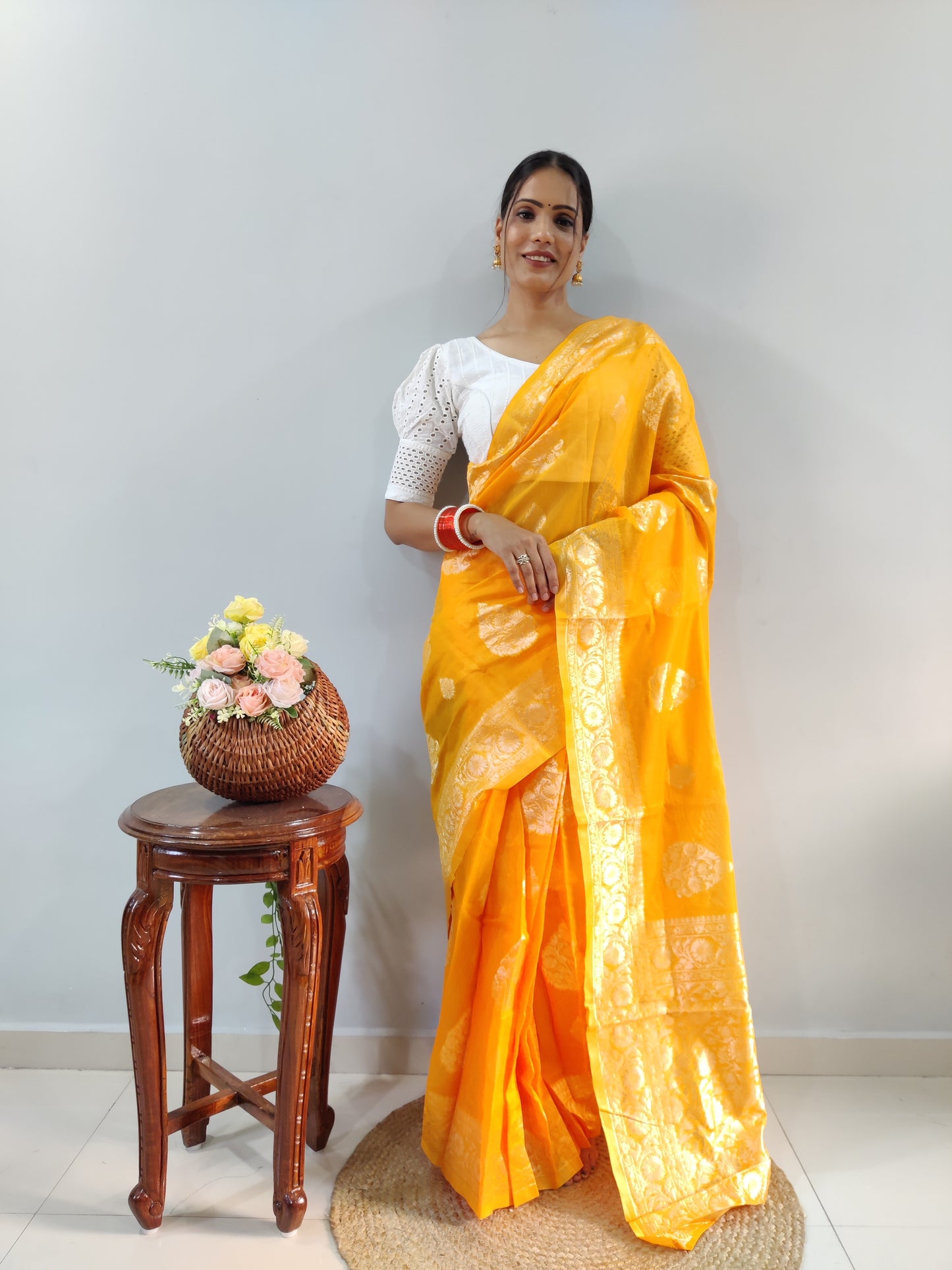 Radiate Beauty in a Stunning Ready-to-Wear Yellow Cotton Saree