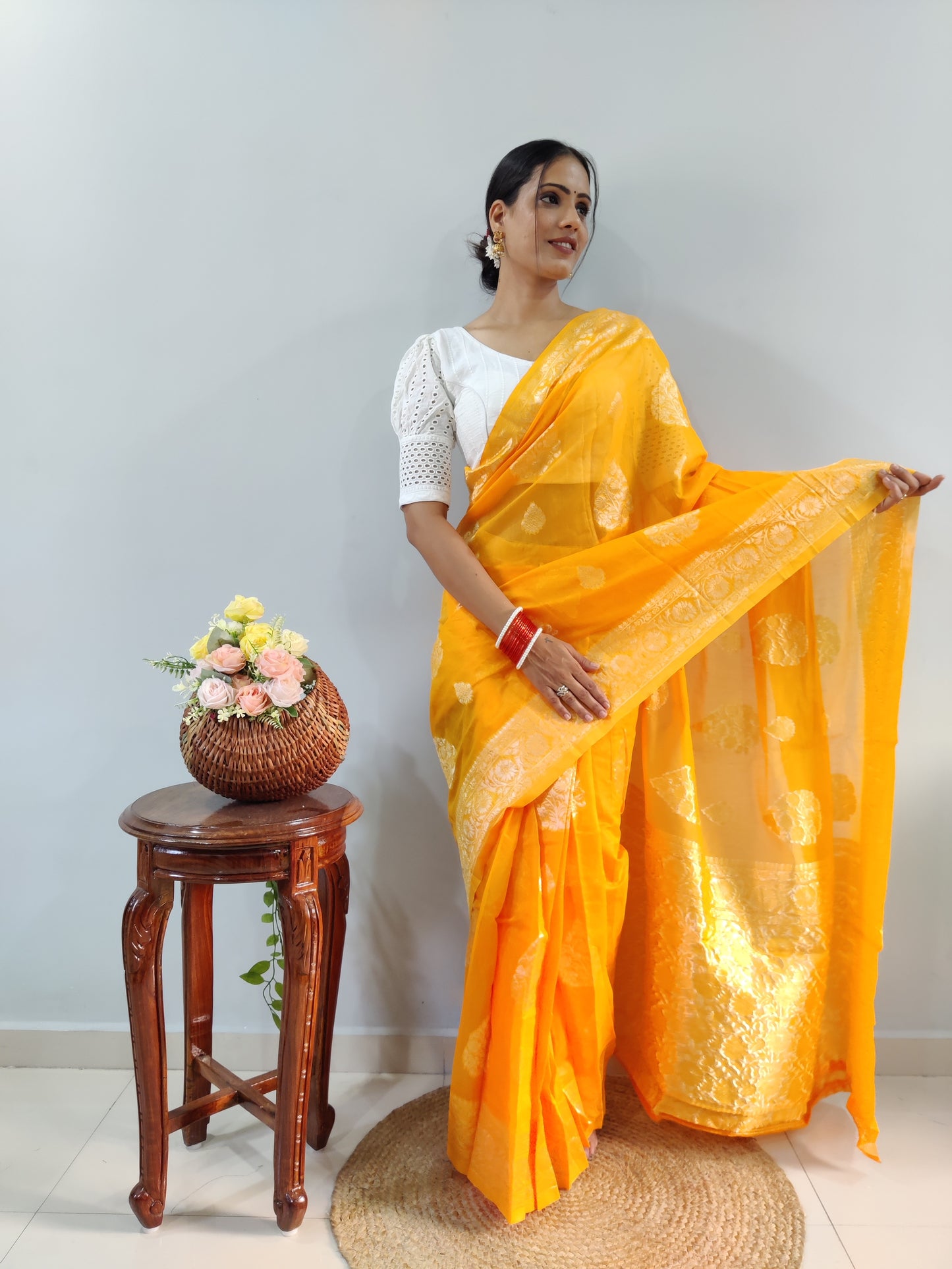 Radiate Beauty in a Stunning Ready-to-Wear Yellow Cotton Saree