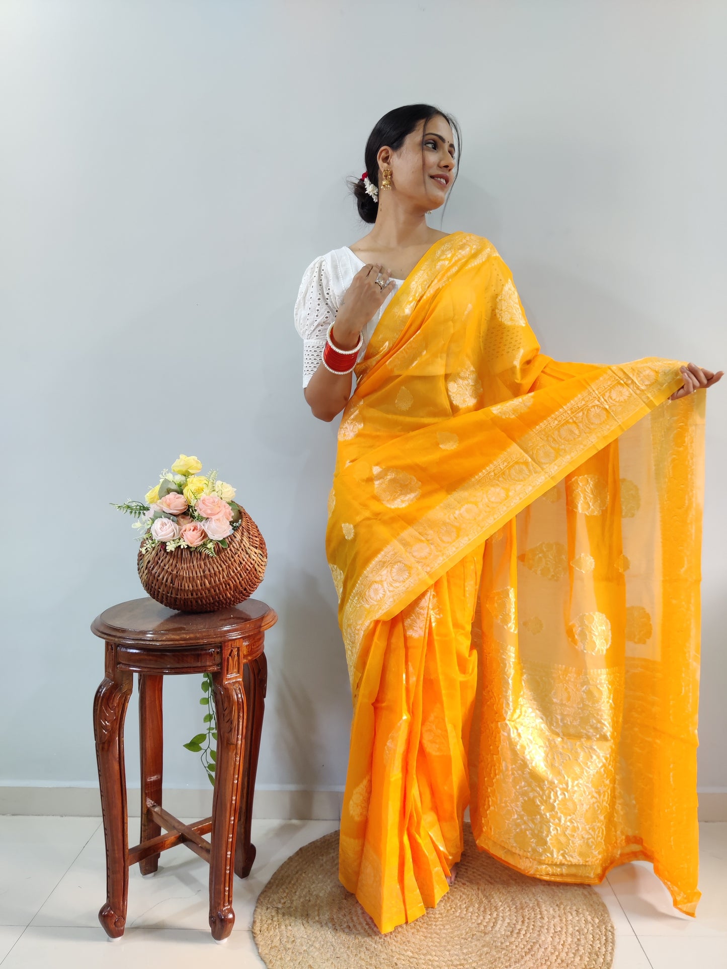 Radiate Beauty in a Stunning Ready-to-Wear Yellow Cotton Saree