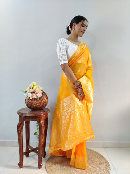 Radiate Beauty in a Stunning Ready-to-Wear Yellow Cotton Saree