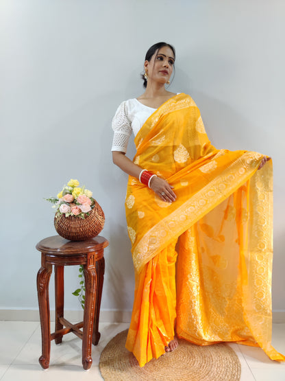 Radiate Beauty in a Stunning Ready-to-Wear Yellow Cotton Saree