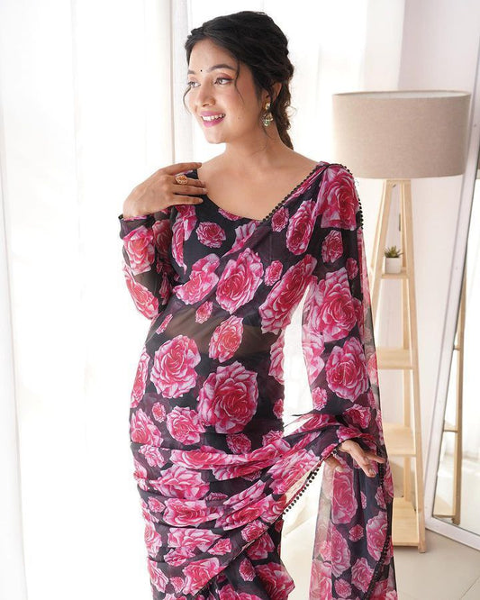 Elegant Black & Pink Flower Georgette Saree: One Minute Wear, Maximum Impact