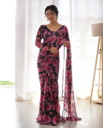 Elegant Black & Pink Flower Georgette Saree: One Minute Wear, Maximum Impact