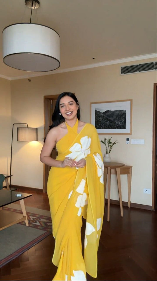 Dashing Look in One Minute: Printed Yellow Georgette Saree for Effortless Beauty