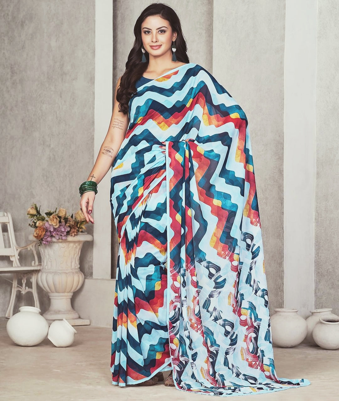 Fashion-Forward Multi-Color Georgette Saree: Quick Draping, Stunning Look in One Minute