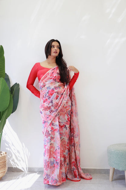 Stylish Pink Georgette Saree – Hassle-Free Draping in Just One Minute.