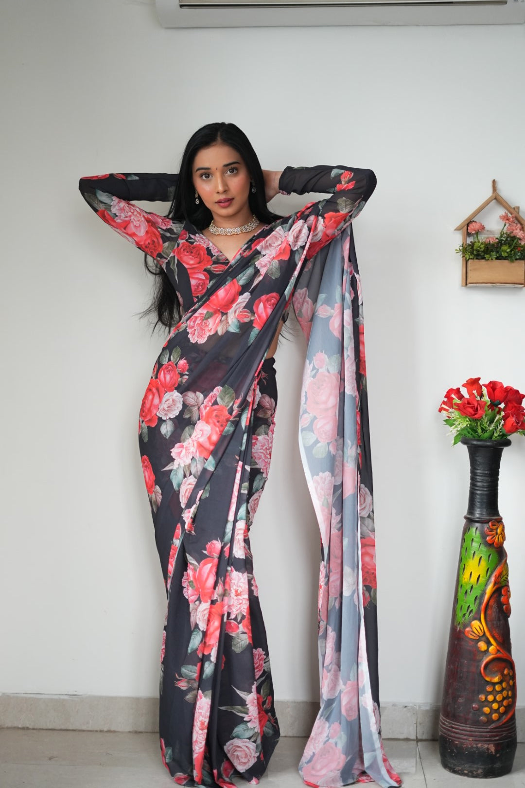 Black With Pink Color Flower Georgette Saree: One Minute Draping Magic for Today’s Fashion-Forward Women