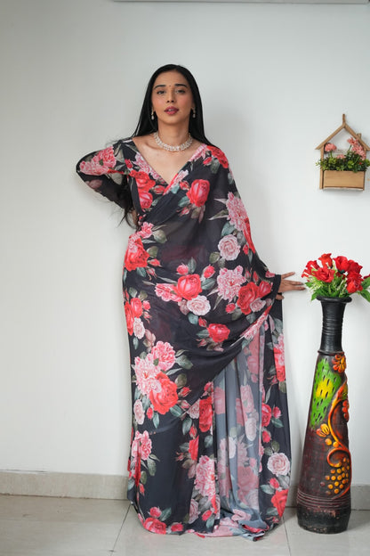 Black With Pink Color Flower Georgette Saree: One Minute Draping Magic for Today’s Fashion-Forward Women