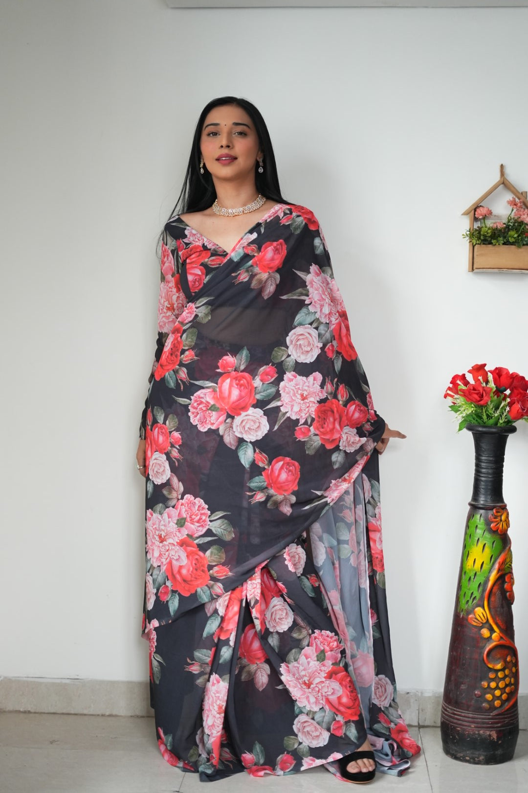 Black With Pink Color Flower Georgette Saree: One Minute Draping Magic for Today’s Fashion-Forward Women